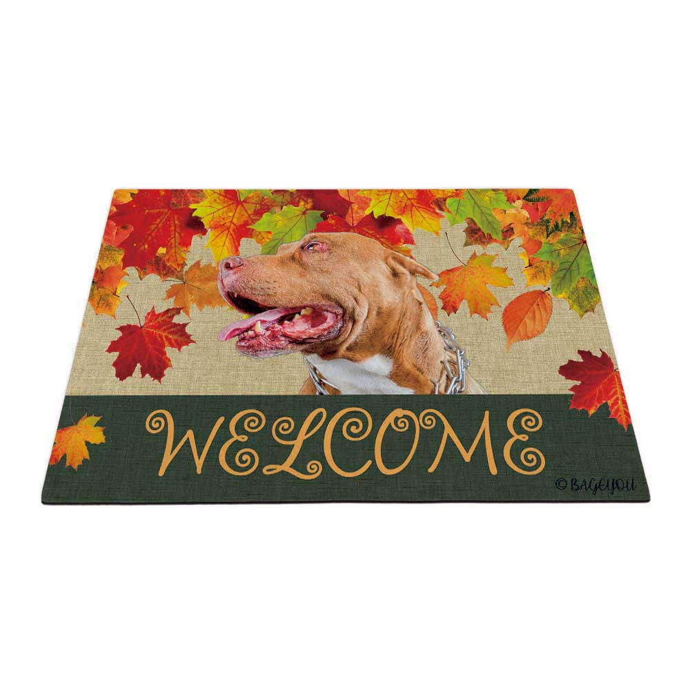 BAGEYOU Welcome Fall with My Favorite Dog PitBull with Collar Outdoor Doormat Maple Leaf Harvest Season Rustic Decor Porch Rugs Floor Mat 27.5" x 17.7"