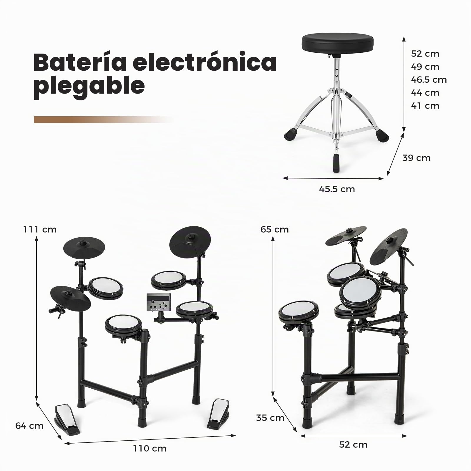 KOMFOTTEU Batería Electrónica con Pads, Batería Musical con 150 Sonidos, 10 Demostraciones, Platos de 24 cm, Instrumento Musical con Taburete Ajustable, Pedales, Baquetas y Auricular, USB MIDI