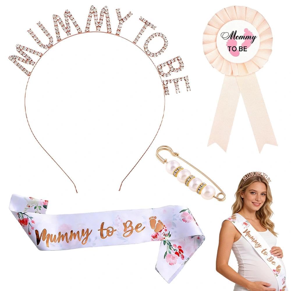 4PCS Mummy to Be Sash Set, Mum to Be Sash Set Include Mummy Sash, Crown Headband, Badge and Pin, Baby Shower Party Decoration & Maternity Gifts for Expecting Mum