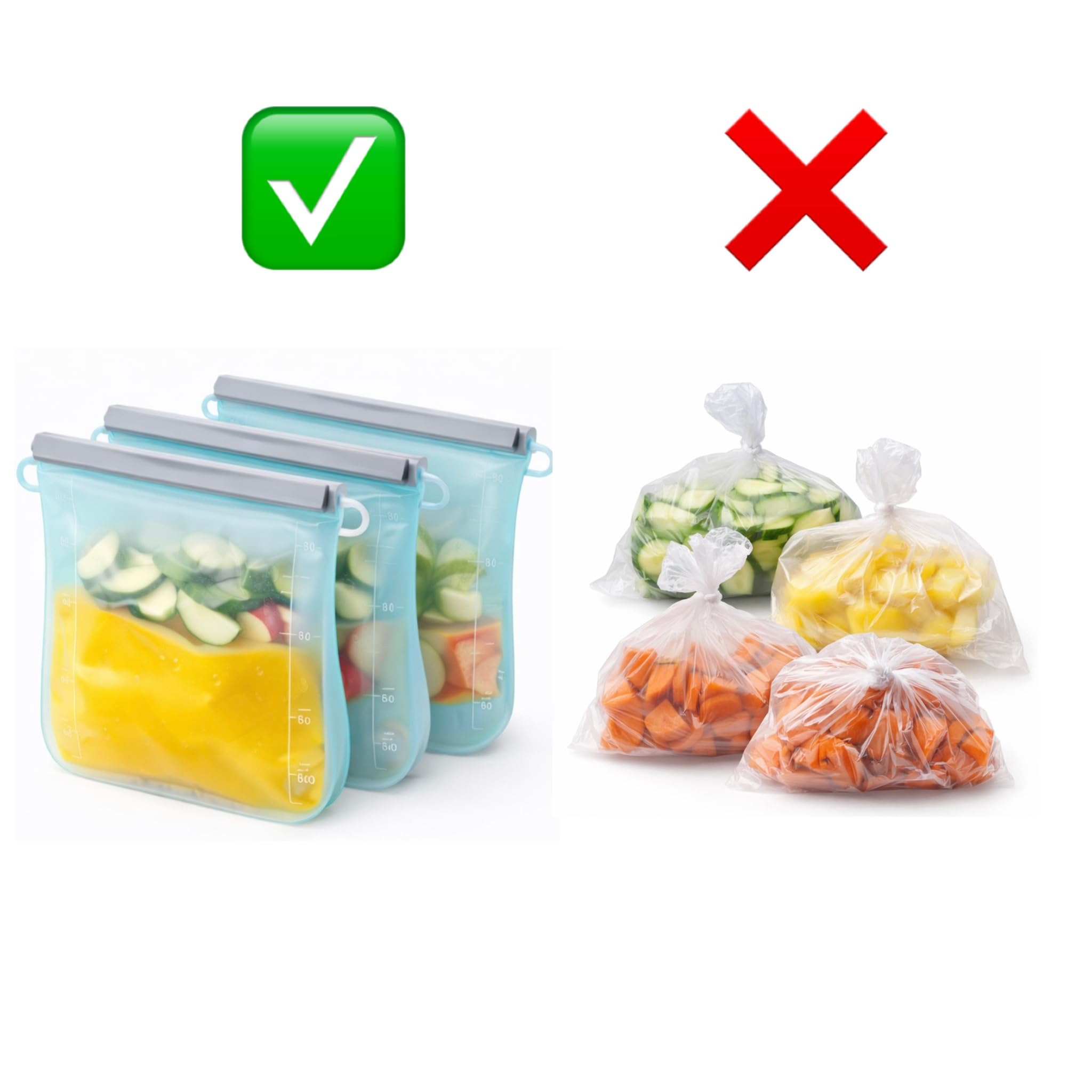 Wiederverwendbare Silikon-Lebensmittelbeutel – 6er Set (3×1L + 3×1,5L) – BPA-frei – Auslaufsicher – Gefrierfach & Mikrowelle | BPA-frei