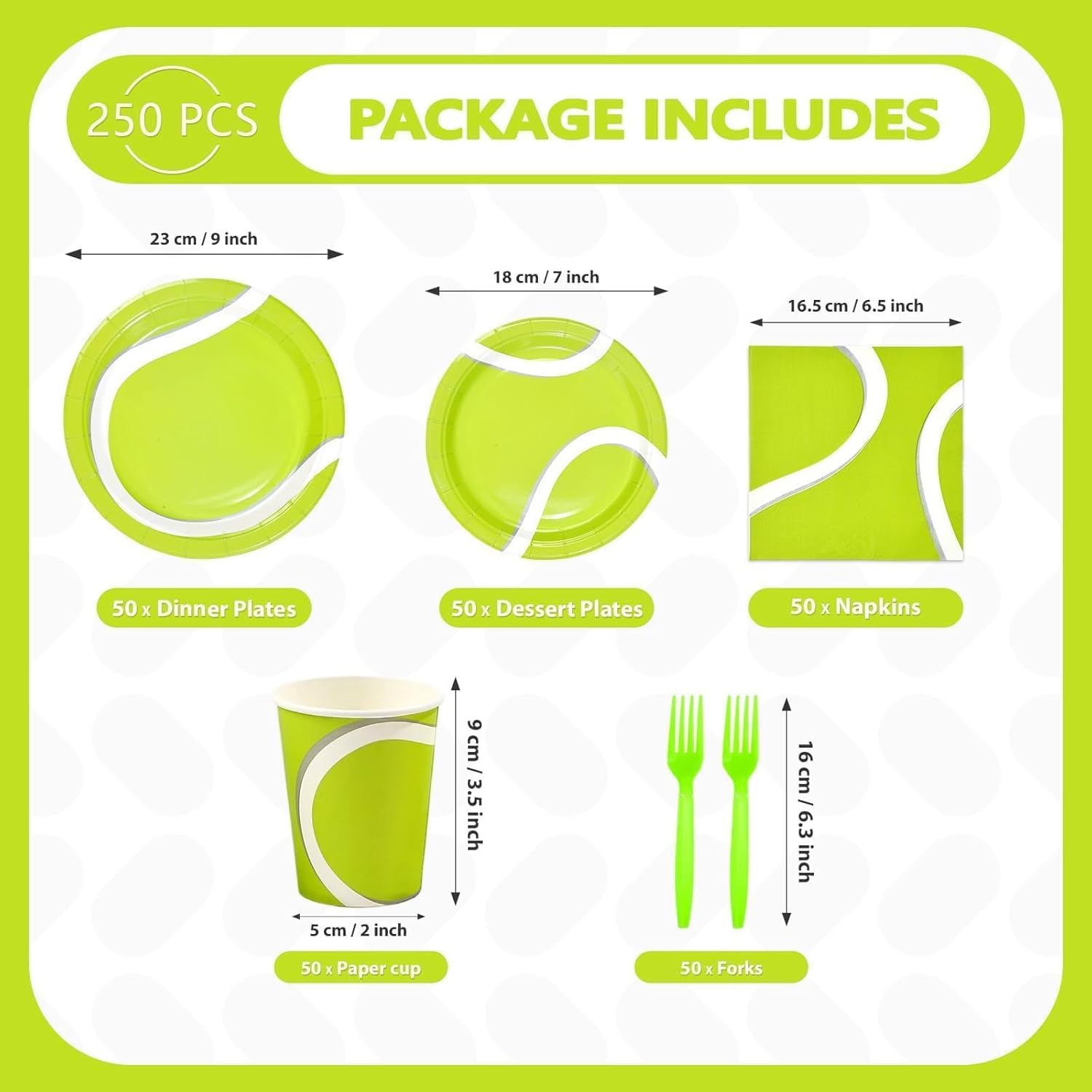 250Pcs Tennis Party Decorations Green Tennis Themed Plates Napkins Cups Forks Disposable Sports Ball Theme Tableware Set for Sports Fans Kids Baby Shower Birthday Picnic Party Supplies Serves 50