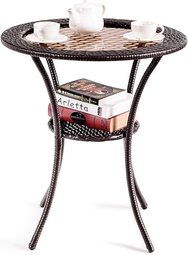Miniatura 7 de Tangkula Mesa de centro de mimbre para patio de 25 pulgadas, para exteriores, patio, balcón, piscina, parte superior redonda de vidrio templado,