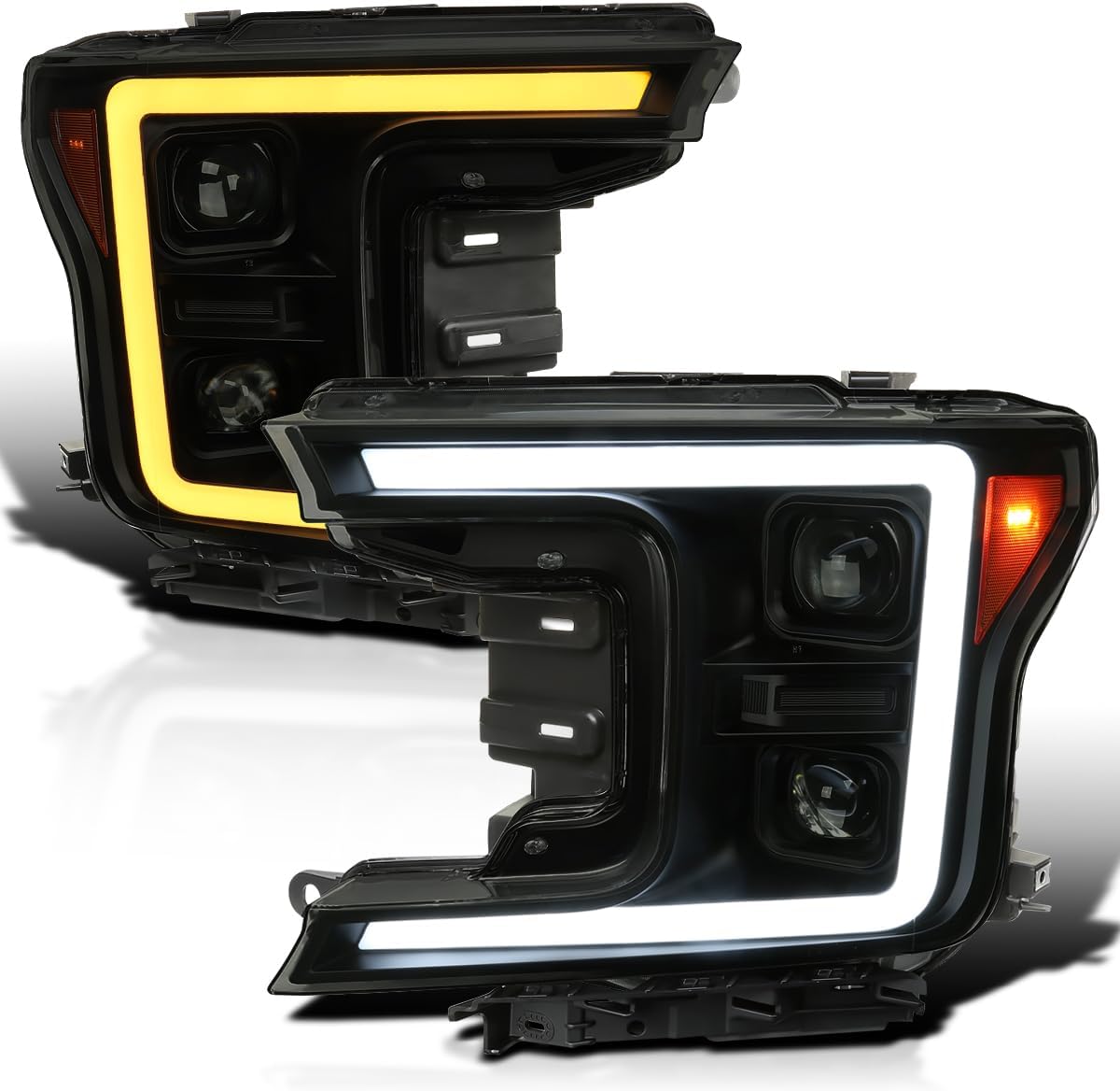 SPEC-D TUNING Black Smoke Sequential Switchback Projector Headlights w/LED Light Bar Compatible with 2018-2020 Ford F-150, Left + Right Pair Headlamps Assembly