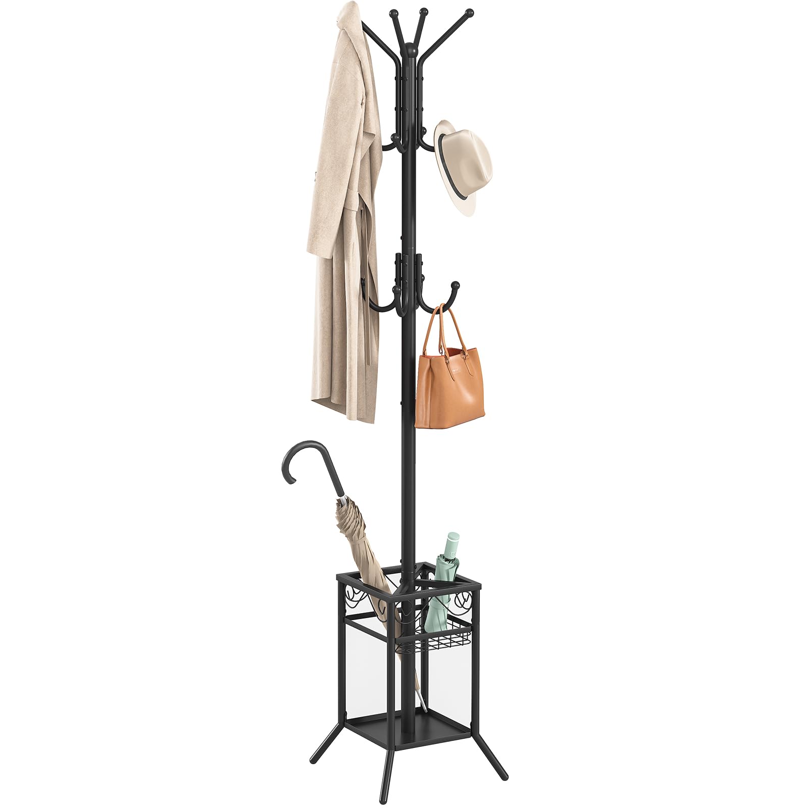 ELYKEN Coat Rack Freestanding, Entryway Hanger Stand, Umbrella Holder, Hall Tree With 12 Hooks, Floor Standing Metal Tree Stand, Black