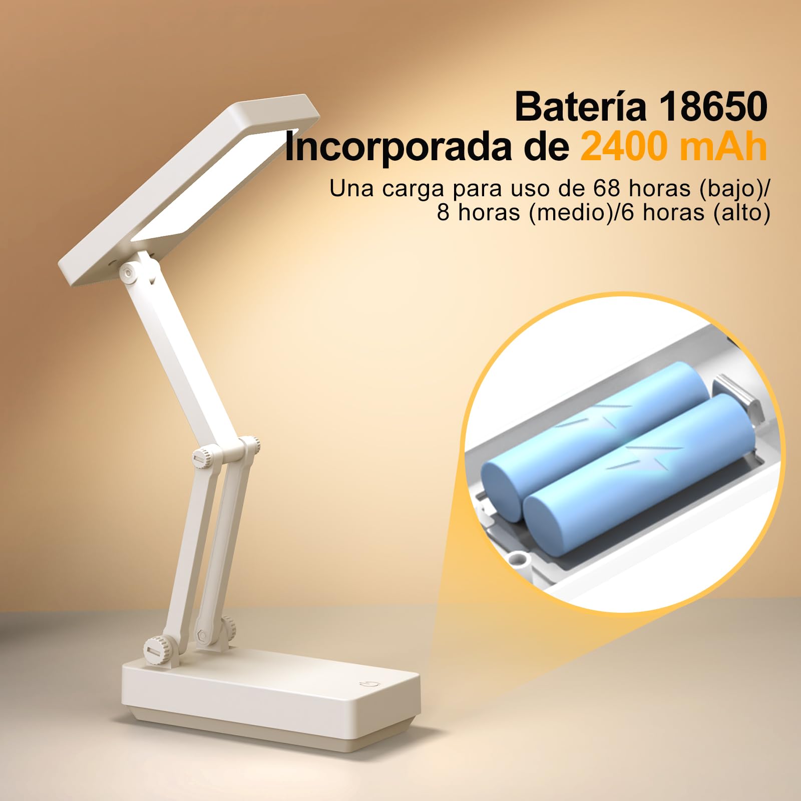 Lámpara Escritorio LED, Flexo Lámpara Táctiles Plegables, Lamparas sin Cables Noche,Luz de Mesa con Pilas de 2400 mAh, 3 Modos,Luz de Escritorio Recargable para Dormitorio, Lectura, Estudio