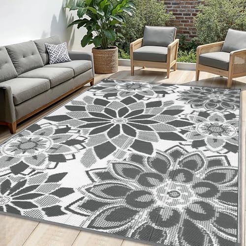 LOKHOM Outdoor Rug for Patio, 6' x 9' Reversible Plastic Straw Area Rugs Mat, Waterproof Mat for Camper Indoor Outdoor Carpet for Rv Deck Porch Picnic Beach Balcony, Grey & White