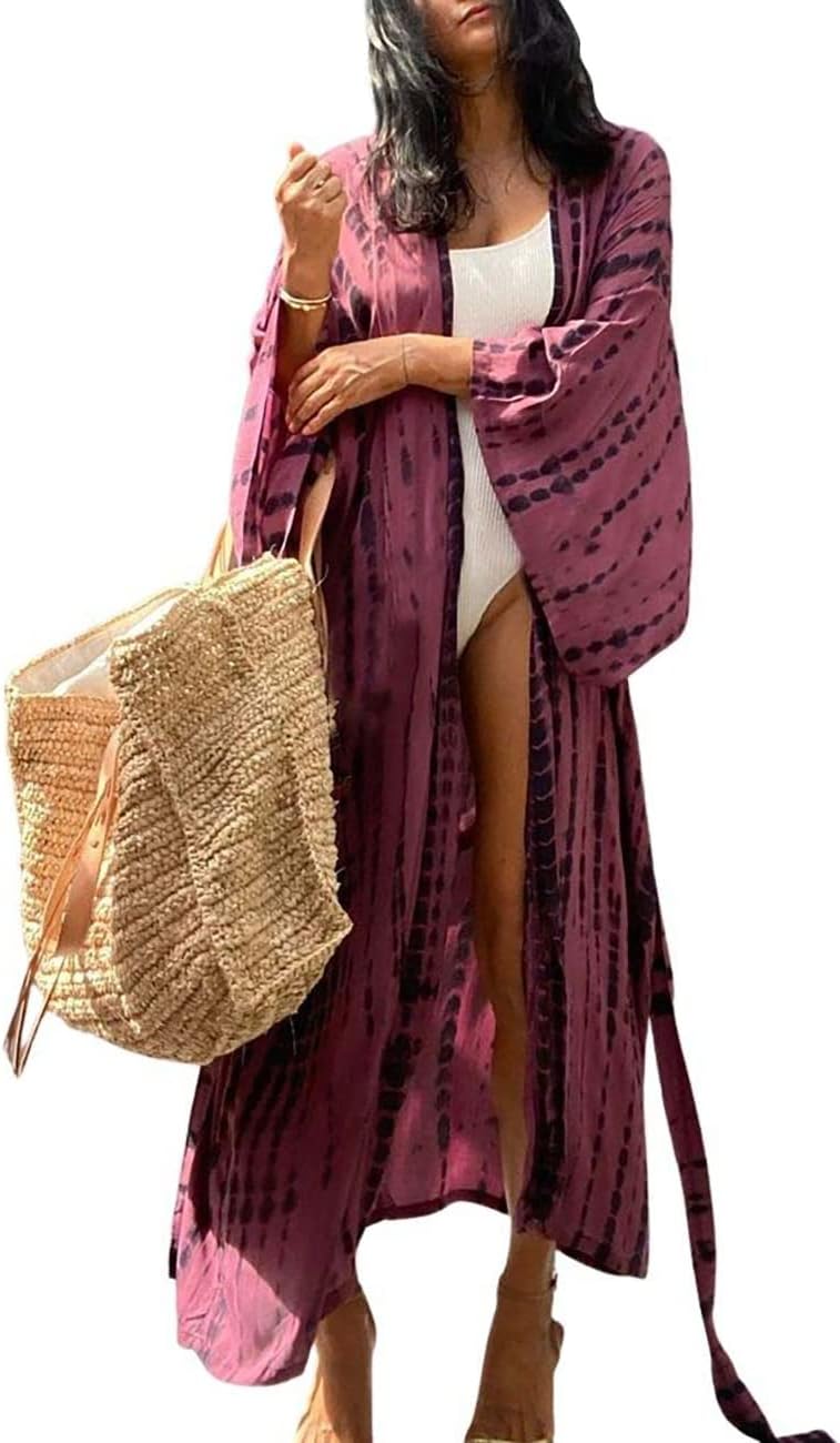 Bsubseach Stylish Tie Dye Open Front Long Kimono Swimsuit Cover Up for Women Swimwear Cover Ups