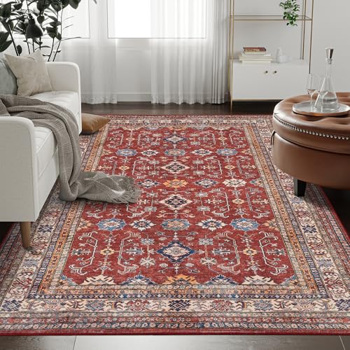 Tapis Rugland 5x7 résistant taches tribal bordeaux