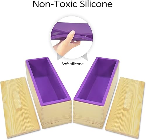 Vista 3 de Artcome Moldes para pan de jabón de 42 onzas, 2 juegos de moldes rectangulares de silicona, caja de madera con tapa, suministros para hacer jabón