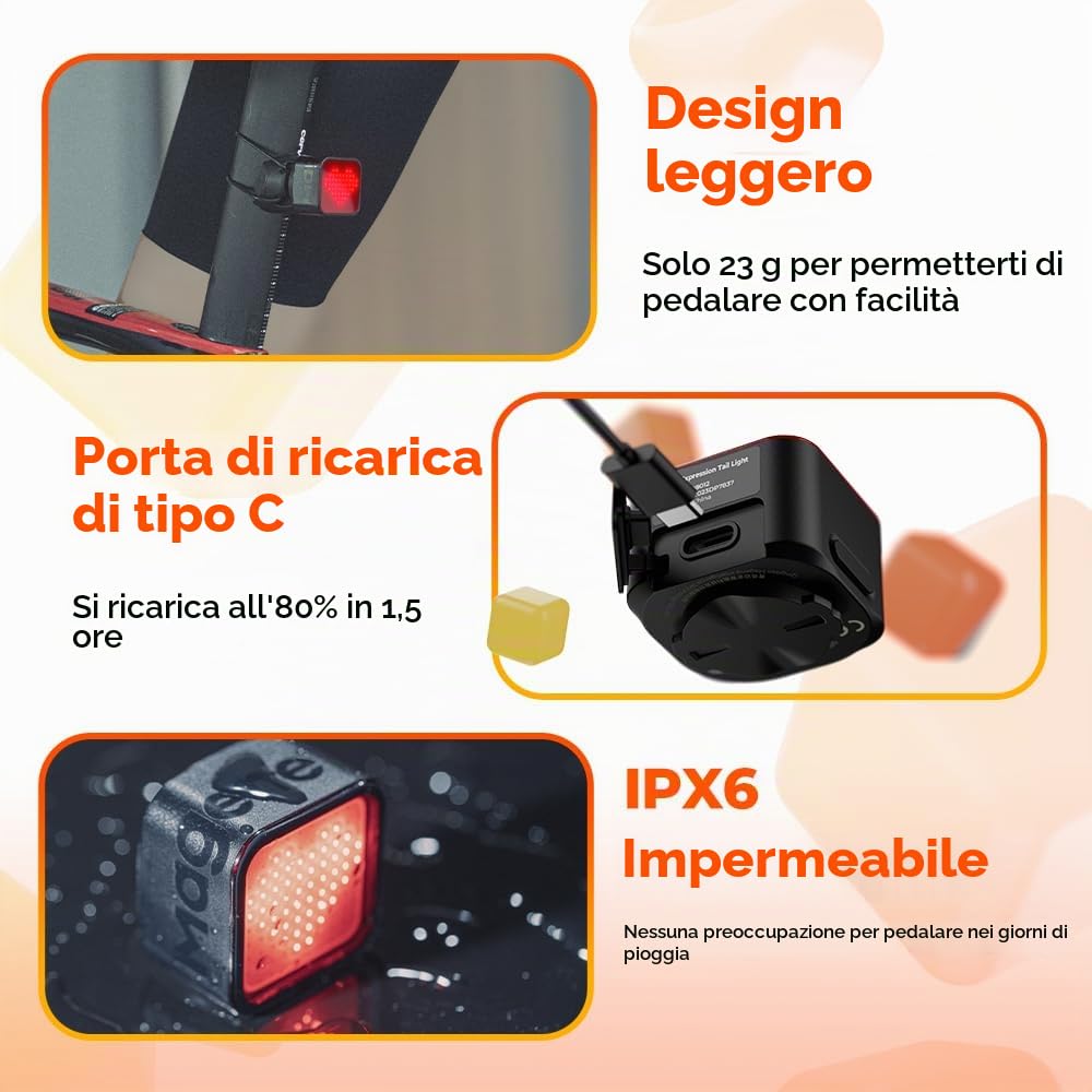 Magene L308 - Fanale posteriore intelligente per bici, altamente personalizzabile, con espressione intelligente, Bluetooth, leggero, senza cavo di ricarica, 96 luci LED COB IPX6 impermeabile