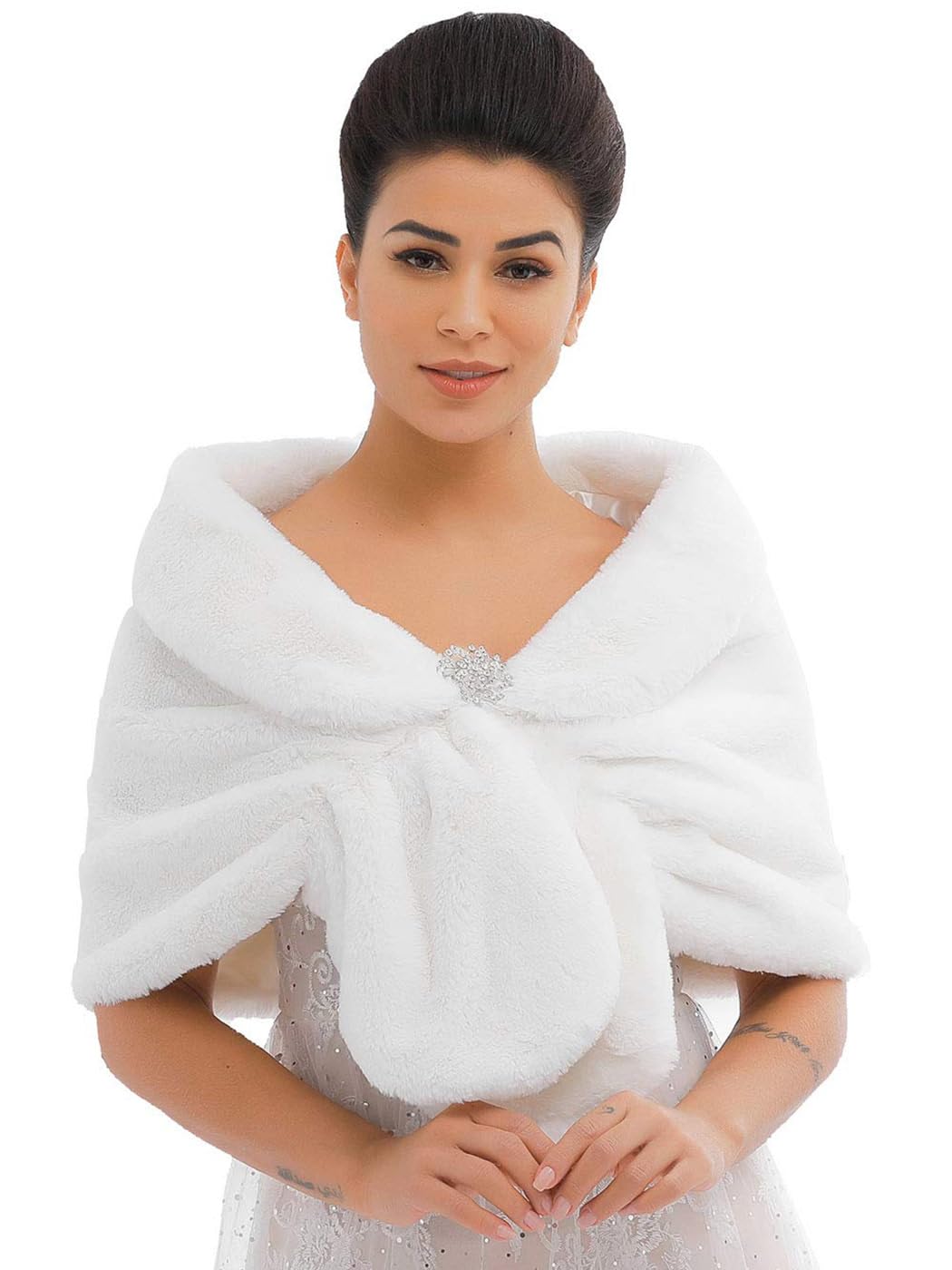 Zoestar Women's Faux Fur Shawl 1920s Wedding Fur Stoles and Wraps Fancy Dress Fur Shrug for Weddings (White)