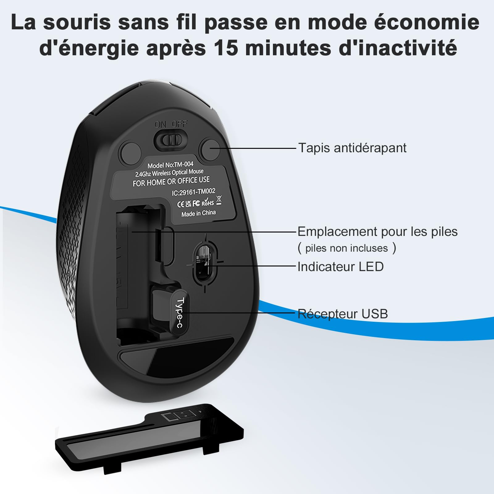 RaceGT Souris sans Fil silencieuse USB C 2.4G Ergonomique, 6 Touches | Wireless Mouse Souris Ergonomique 1600 DPI, Magic Mouse pour Ordinateur/MacBook/Mac/PC-TM004 Noir