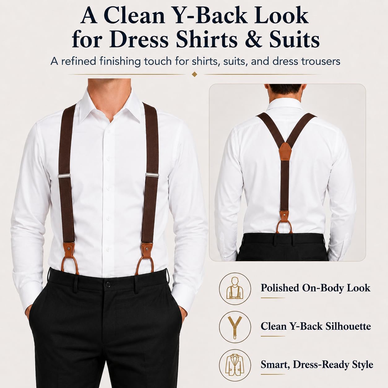Button Suspenders for Men, Clip-On & Button-On, Genuine Leather Ends