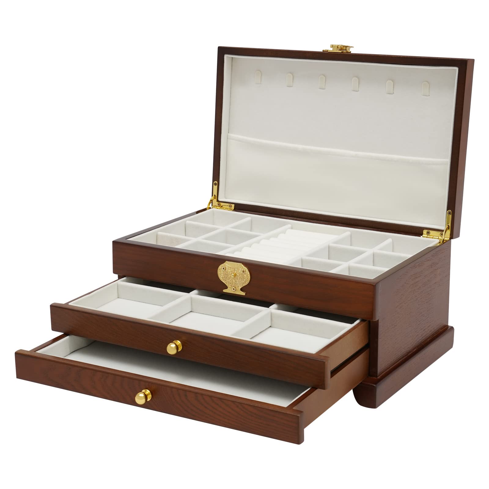 WooDerson Schmuckschatulle Mit 2 Schubladen, Rechteckig, Aus Density Board, Futter Material Plüsch, Schmuckbox Für Ringe Armbänder Ohrringe, Ausziehbare Schublade (Dunkelbraun)
