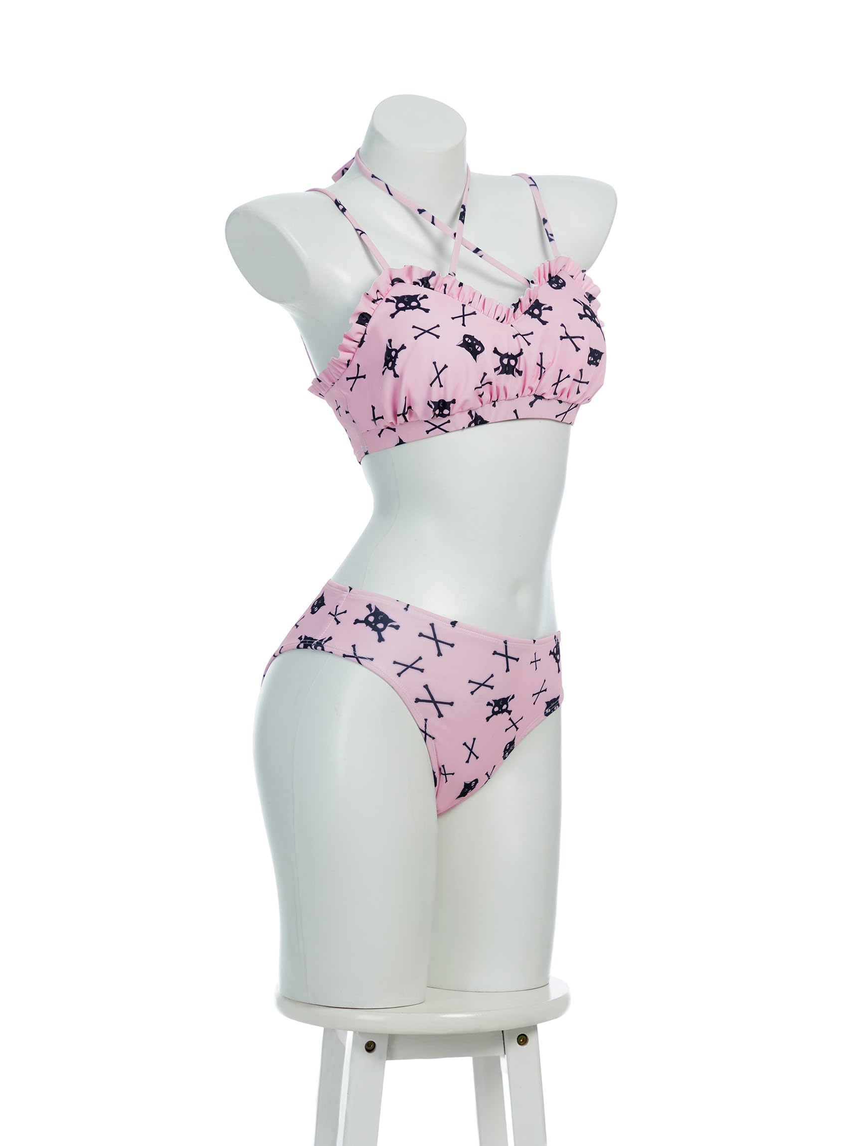 haikyuu Costume da bagno da donna scheletro gotico a due pezzi con gonna rosa Halter Bikini costume da bagno gotico