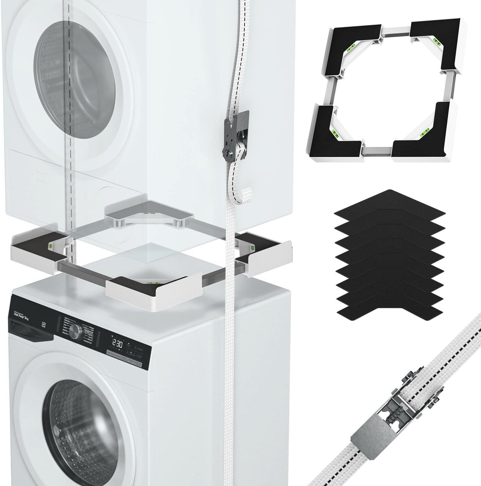 Washer Dryer Stacking Kit, Universal Stacking Kit for Washer and Dryer, Adjustable Frame for 29 ", 28 ", 27 ", 26 ", 25 ", 24" Stackable Washer and Dryer Stacking with Ratchet Strap (White)
