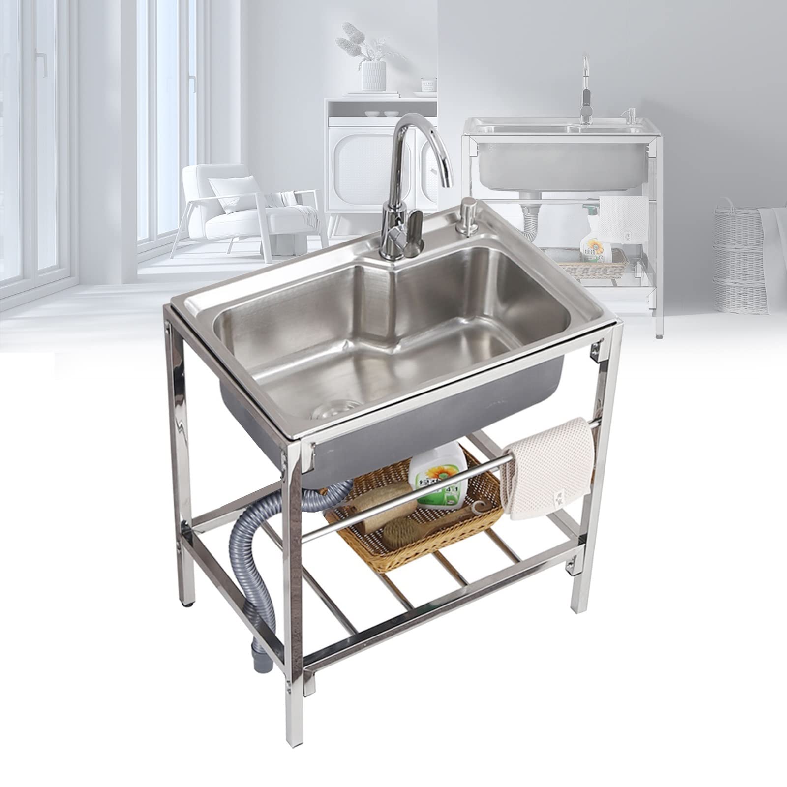 Éviers de cuisine portables commerciaux de magasin avec cuve en acier inoxydable pour buanderie