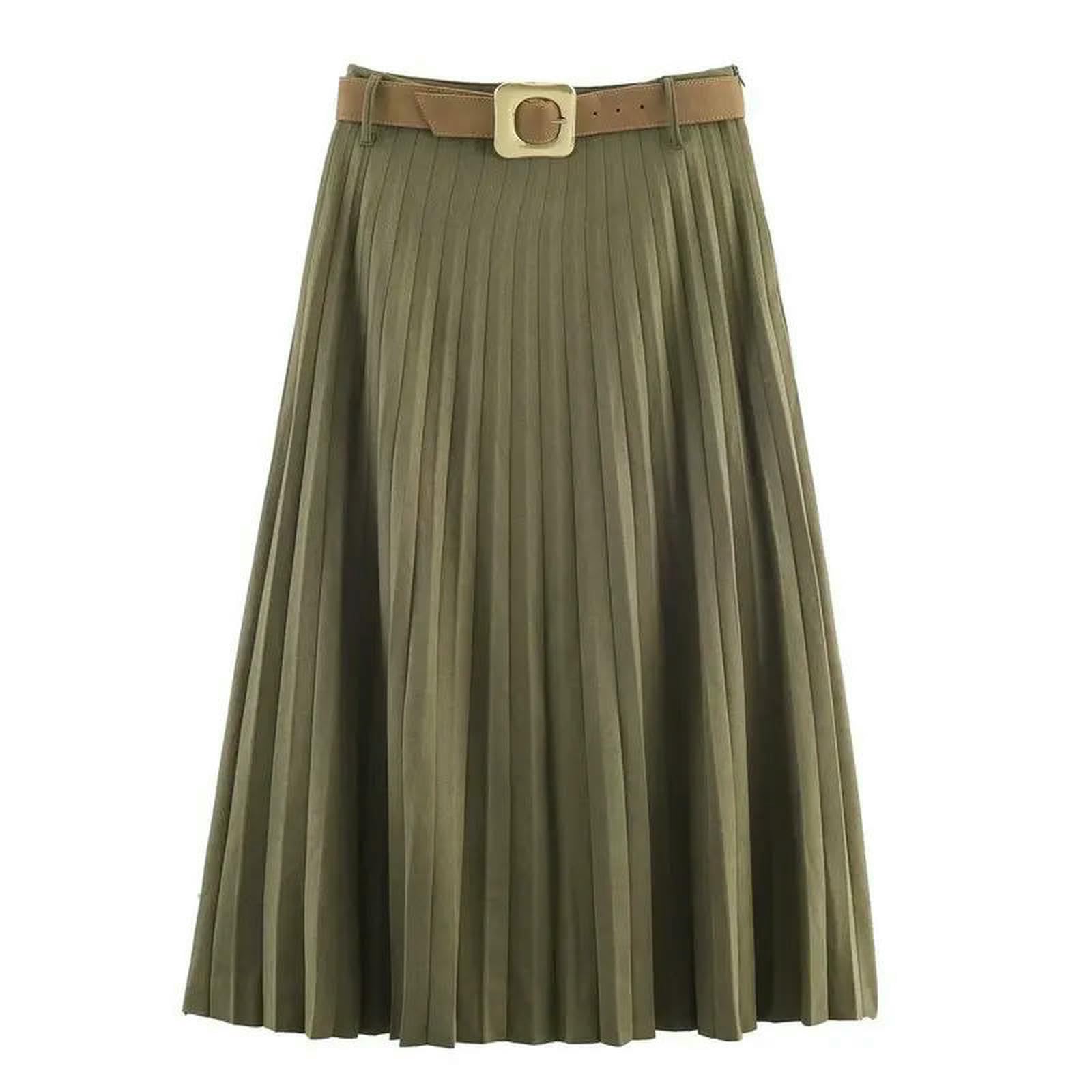 CHENSHI Gonna Lunga Midi da Donna Autunnale Cintura Versatile A Pieghe Avvolgente dal Design Casual E Aderente, Gonne Maniche Lunghe Europee-Verde-s