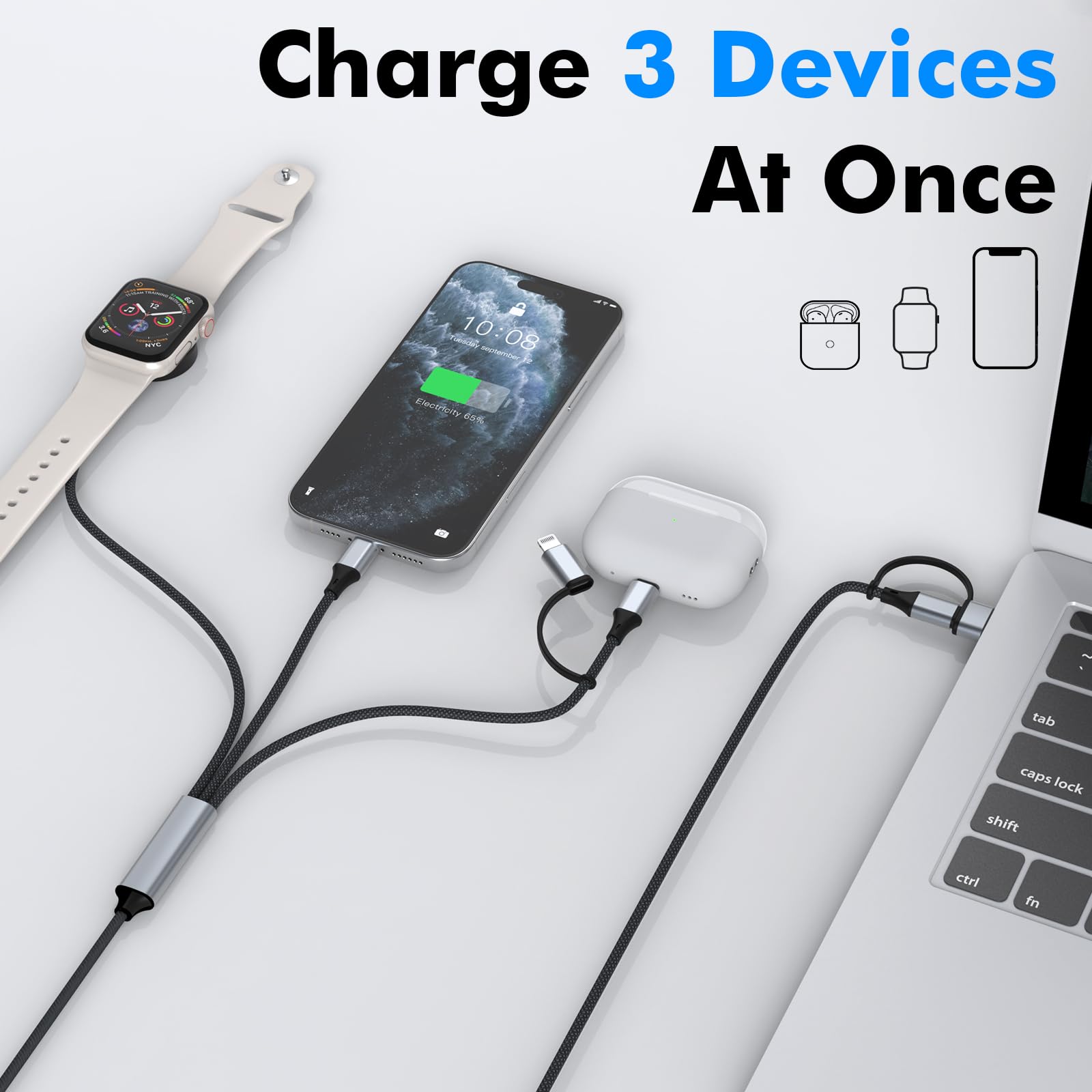 Travel Depot Câble de charge multifonction 4 en 1 pour Apple Watch, chargeur multiple universel pour tous les appareils, câble USB-C de charge rapide de 100 W compatible avec iWatch Ultra/SE/10
