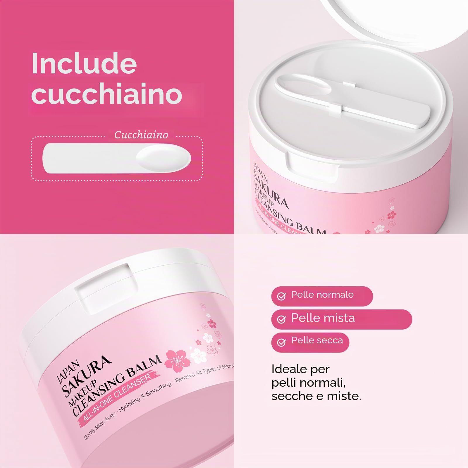 Sakura Balsamo Detergente Struccante 100g, Kit Struccante Viso e Occhi da Viaggio, per Pelle Detersa e Make-Up Rimosso, con Prodotti Skincare Viso Mini e Maschere Idratanti