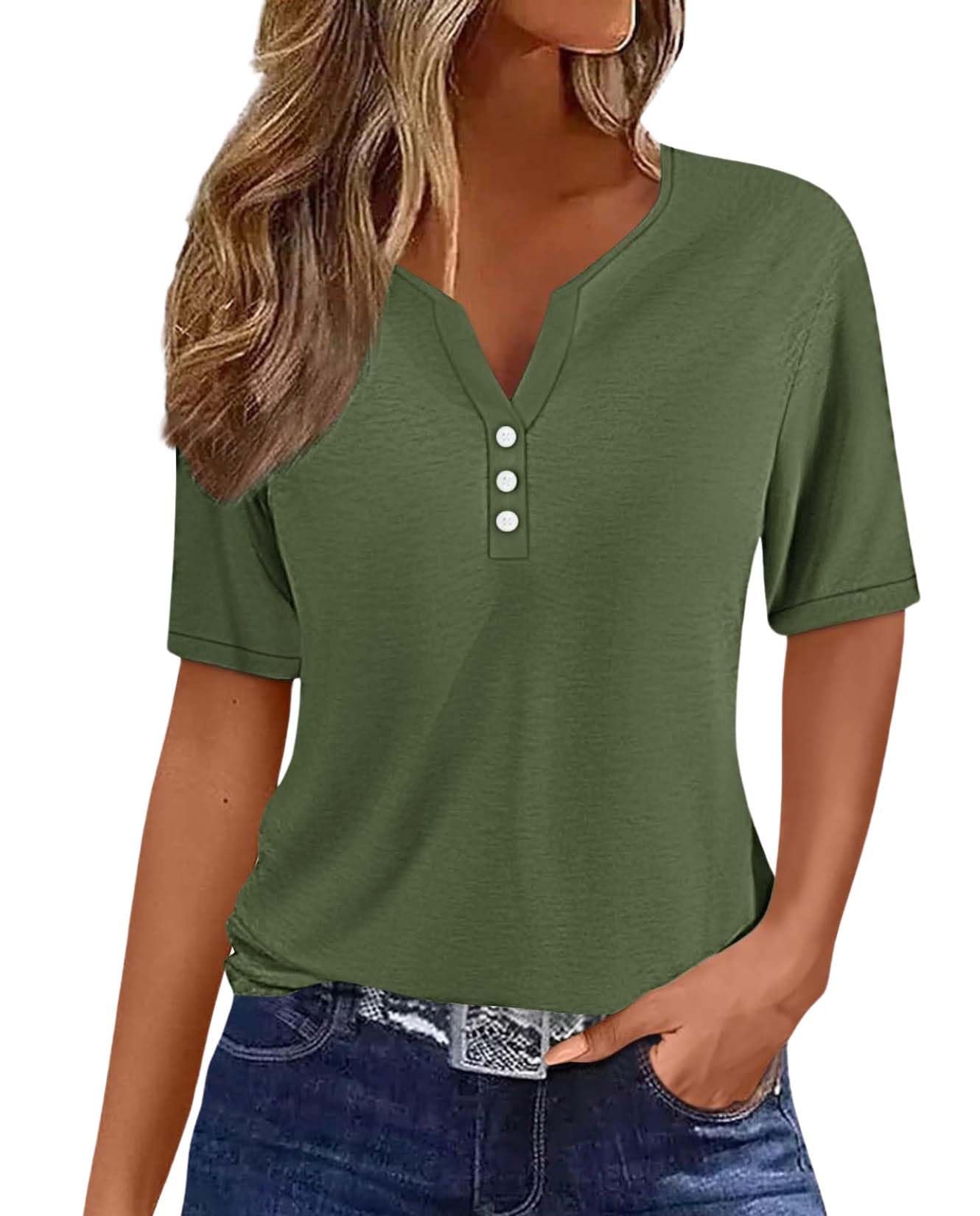 Womens Buttons Down Shirts 2025 Summer V Neck Blouses Casual Short Sleeve Loose Comfy Classic Work Office Trendy Top