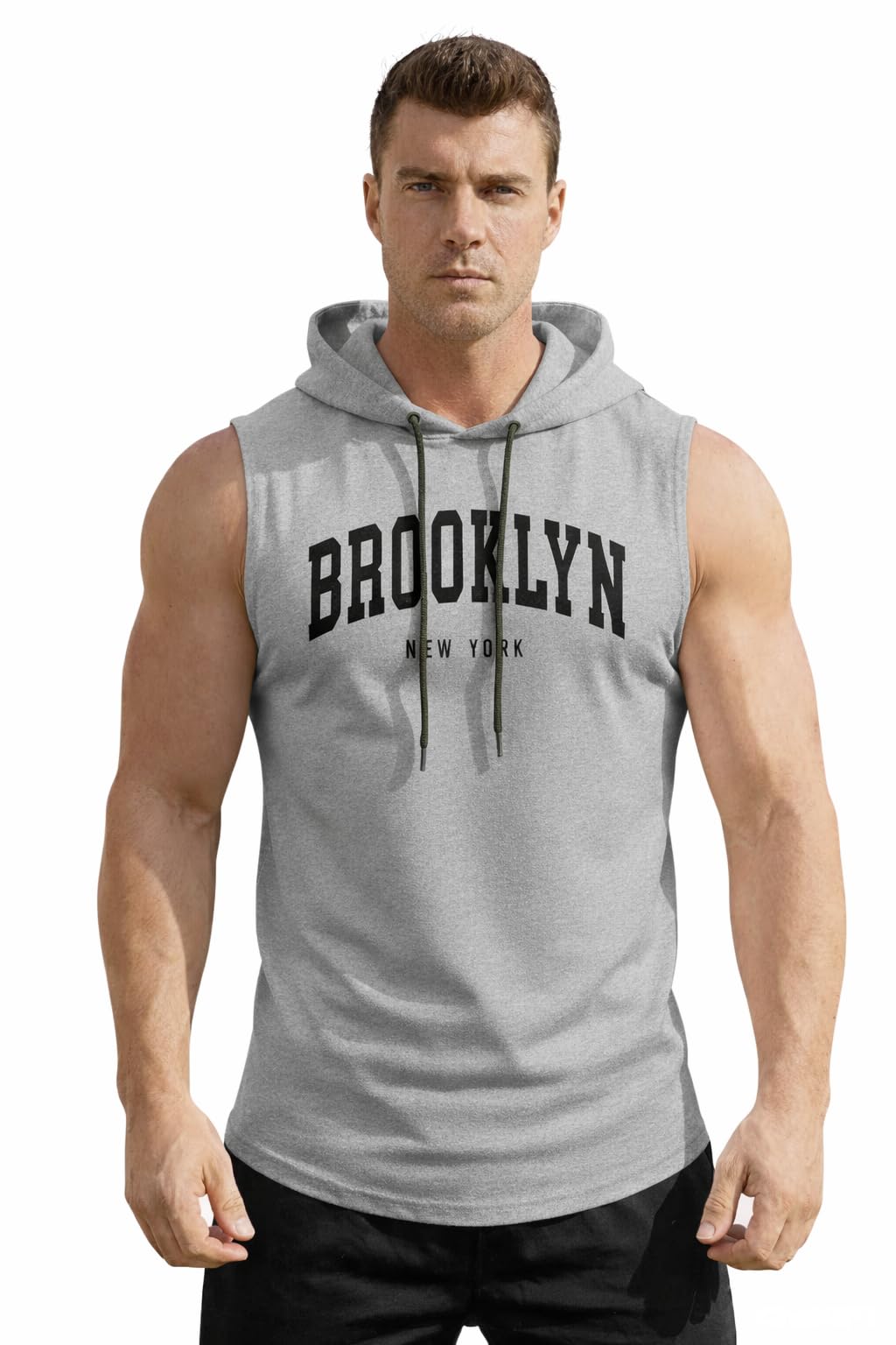 Brooklyn New York Sleeveless Hoodie for Men, Premium Gym Workout Hooded Tank Top, Athletic Muscle Fit, Black-image-15