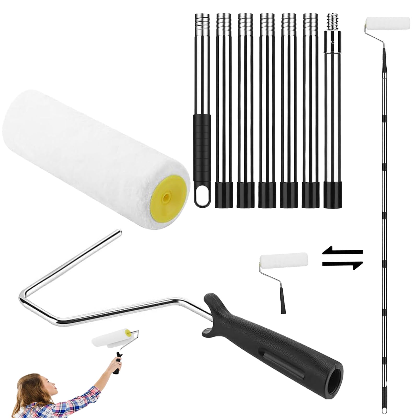 Extendable Paint Roller Extension Pole, Long Paint Roller for Ceiling Painting, Extendable Rollers for Painting with 2.1 Metre 7-Section Pole, Long Handled Paint Roller with Frame and Roller Sleeve