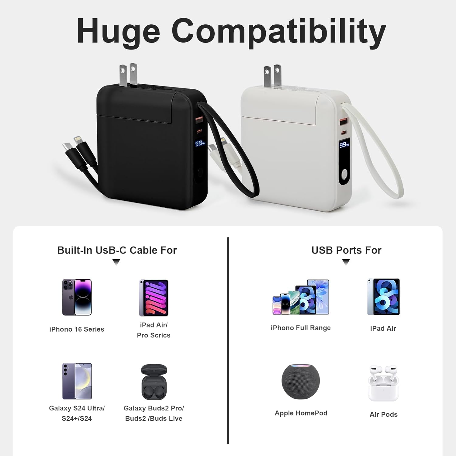 Portable Charger 15000mAh Power Bank 22.5W Fast Charging Built-in Cables and AC Wall Plug, 3-in-1 Compact USB-C Battery Pack Travel Essentials for iPhone 17,iPad, Android, Samsung (White) - Image 8