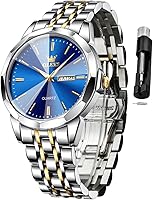 OLEVS Men's Diamond Two-Tone Blue Dial Quartz Watch - Stainless Steel Business Dress, Waterproof Luminous Date Display