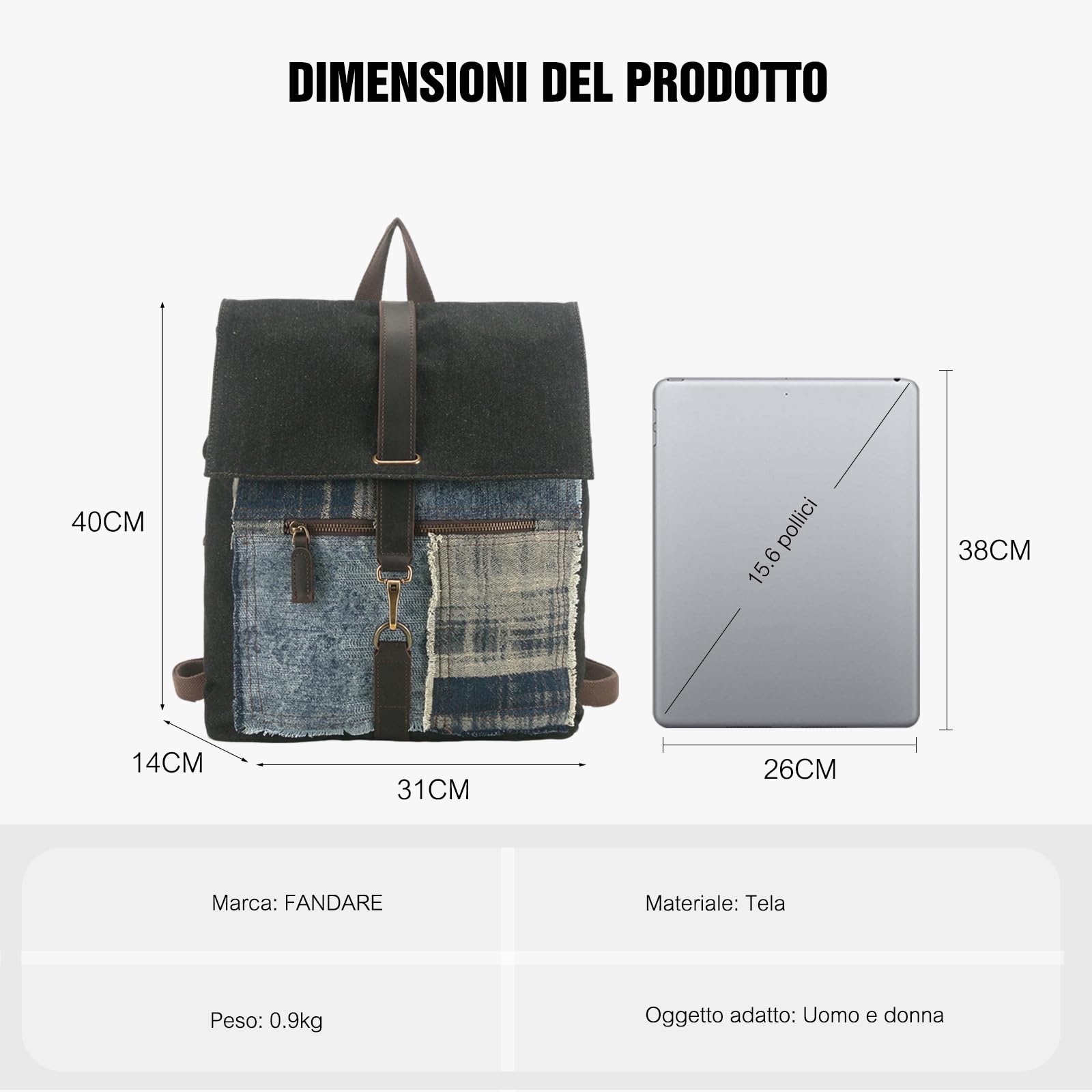 FANDARE Zaino in Tela Laptop 15,6 Pollici Vintage Jeans Cartelle Scuola