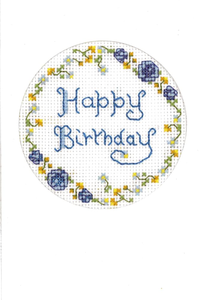 Blue Happy Birthday card in blue & green - complete cross stitch kit on 16 aida