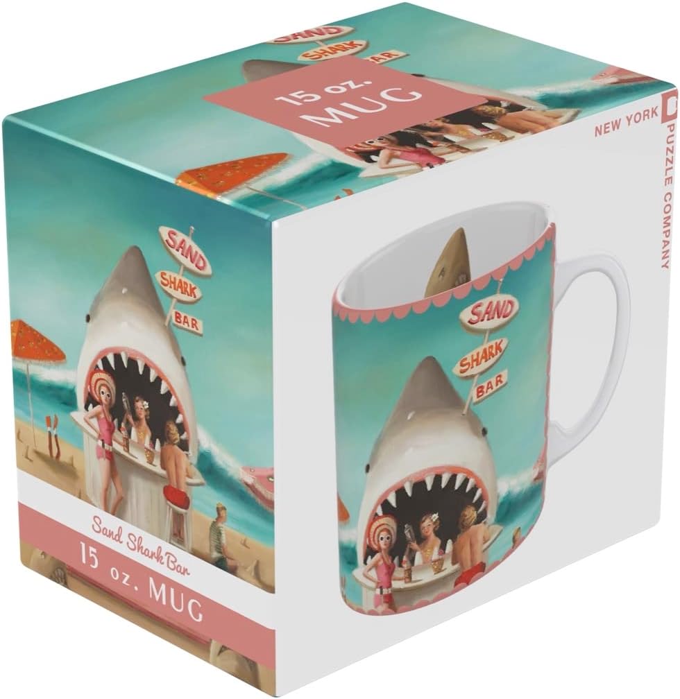 New York Puzzle Company Janet Hill Shark Bar 15oz Porcelain Multi-color, Microwave & Dishwasher Safe 4.25''x5'' Cylindrical Mug
