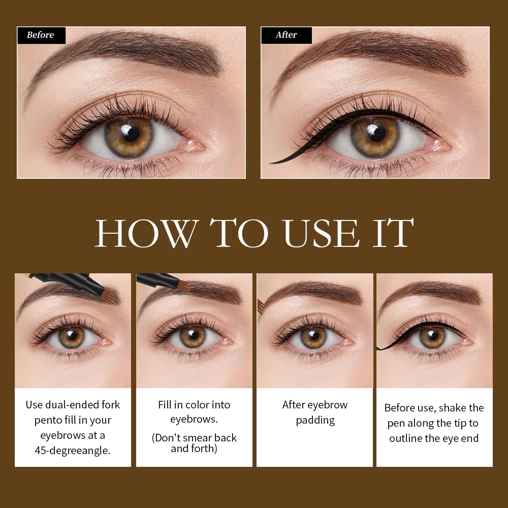 2 in 1 Magischer Augenbrauenstift, 2024 Upgrade Multifunktions-3D-Microblading-Augenbrauen-Tätowierungsstift 4-Gabelspitze mit Eyeliner, Doppelkopf-Augenbrauenstift Wasserdichte (4 Farben)