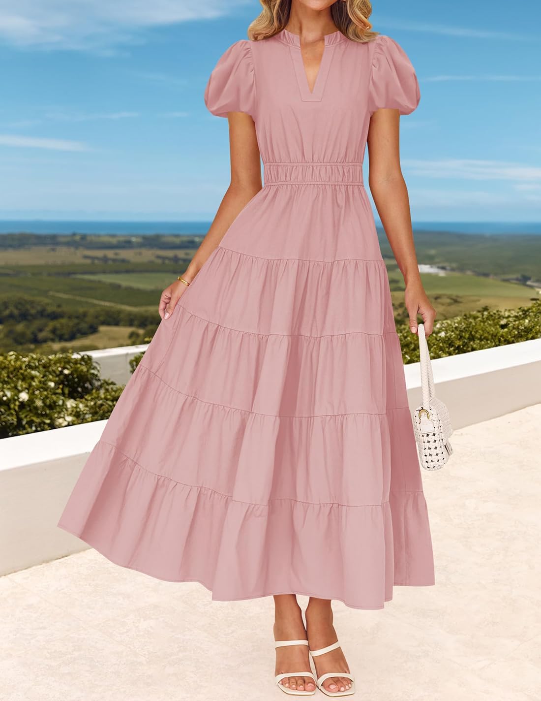 ZESICA Women's Summer Casual Maxi Dress 2026 Puff Short Sleeve V Neck Ruffle Tiered Flowy Boho Beach Dresses - Image 7