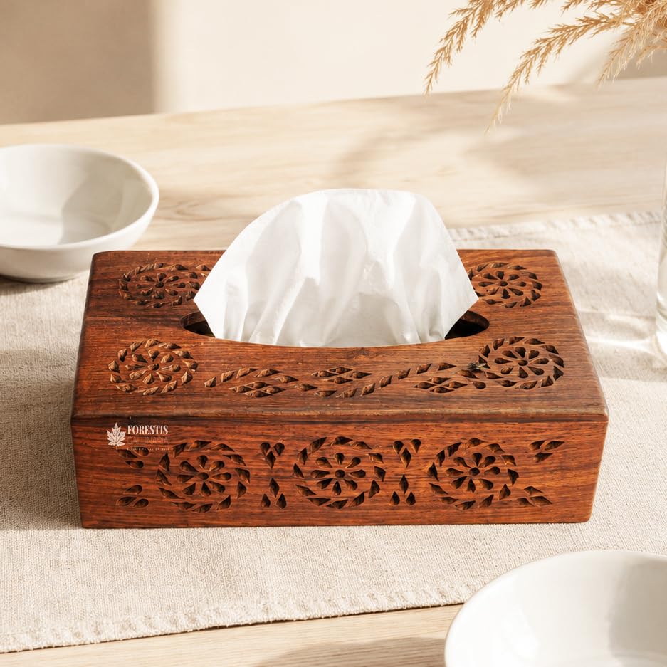 Image of Wooden Tissue Box| Rosewood Napkin Box| Tissue Holder Organizer for Table, Home, Office, Car| Rectangular Facial Paper Cloth Storage Case| Dispenser (9X5 Inches, Carvion)