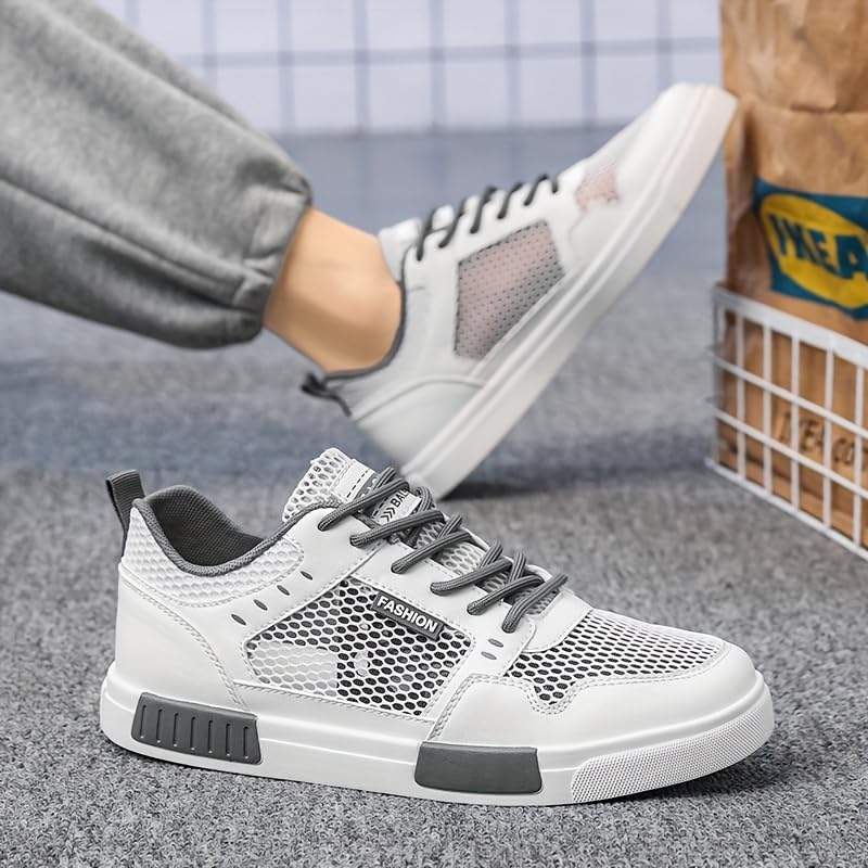 Hhhchpm Men's Breathable Mesh Sneakers Casual Shoes for Hiking, Outdoor, Daily Wear (White and Grey,8.5)