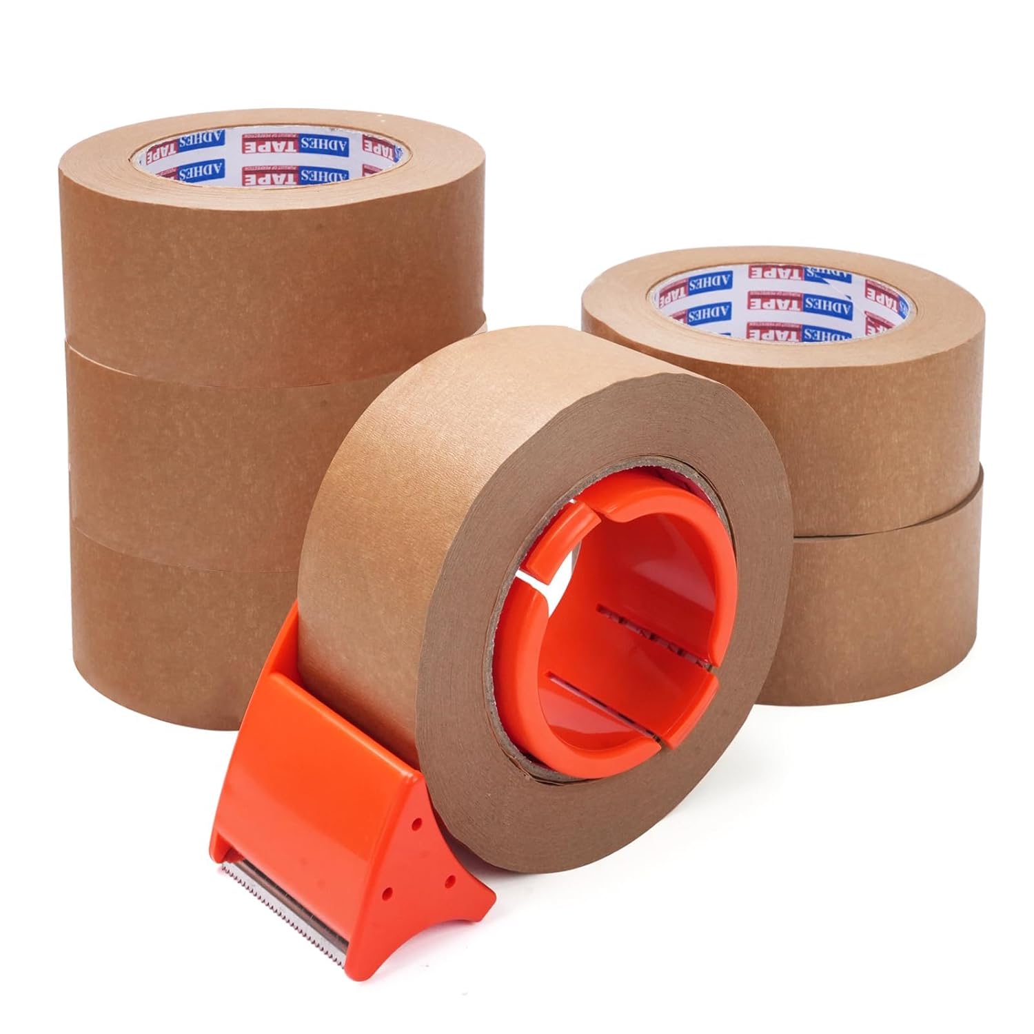 ADHES Kraft Paper Tape with Dispenser, 2 in x 55 yds x 6 Rolls – Bulk Eco Friendly Brown Packing Tape, Strong Adhesive, Easy Cut Tape Dispenser for Warehouse & Business Use