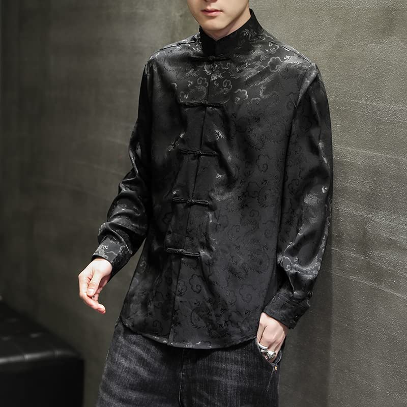 Men's Dragon Pattern Blue Satin Silk Shirt Elegant Tang Suit Hanfu Jacket Silver Plain Collar Shirt4
