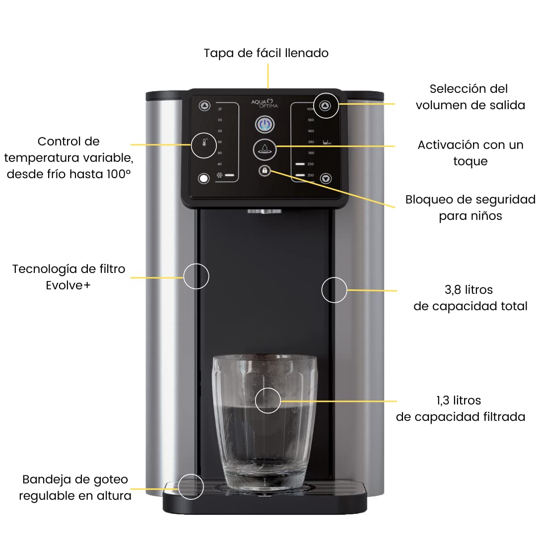Dispensador instantáneo de Agua Caliente y fría con Filtro Aqua Optima Aurora, 3,8 l de Capacidad, Incluye 1 Filtro de Agua Evolve+ de 30 días para Reducir los microplásticos y el Cloro