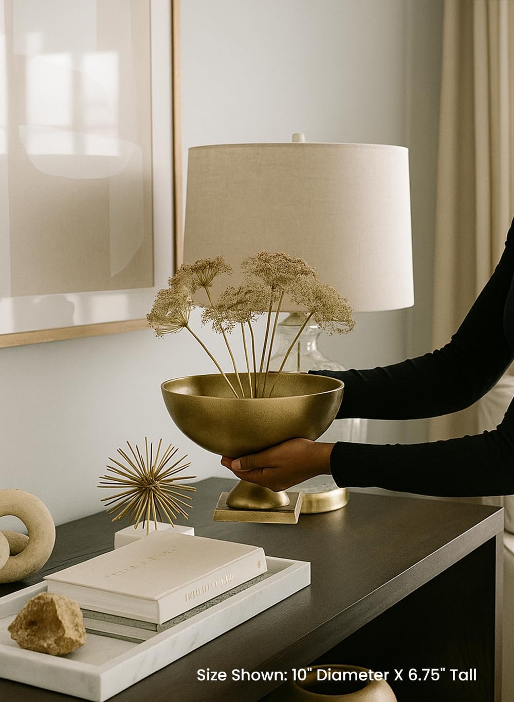 Serene Spaces Living Large Antique Brass Pedestal Bowl - Vintage Wedding Centerpiece and Flower Vase for Dining Table, Entryway Decor, 10" Diameter & 6.75" Tall