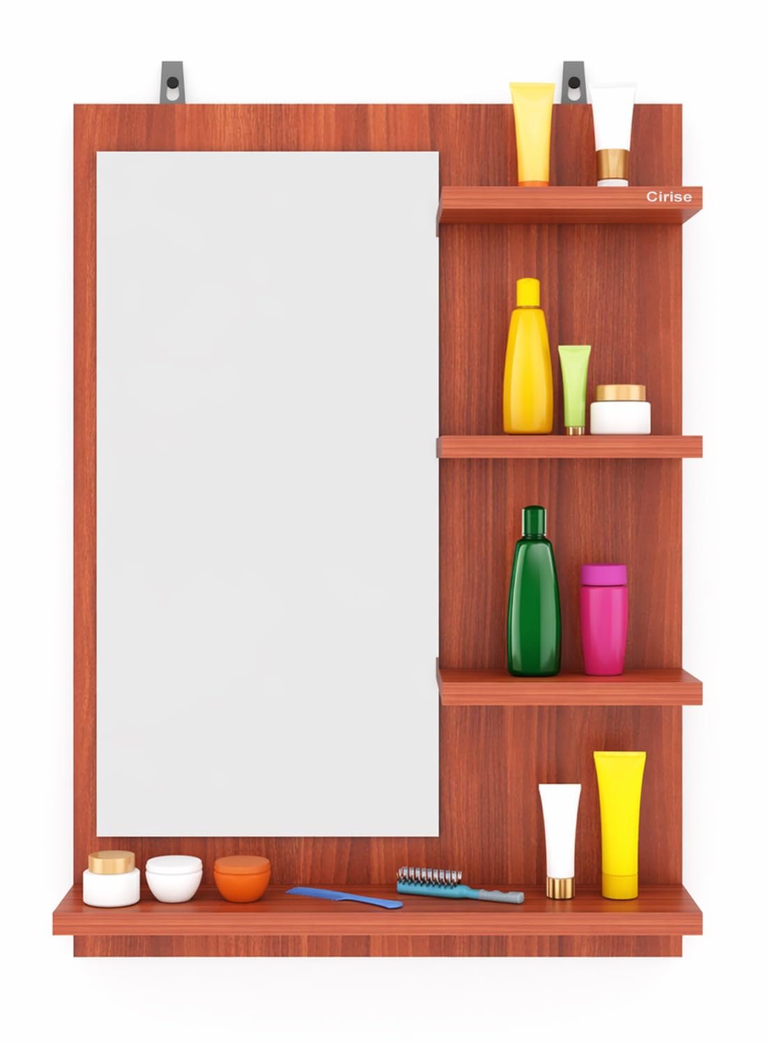 Cirise Wall Mounted Wooden Dressing Mirror with 4 Storage Shelves | Vanity Mirror for Bedroom, Bathroom, Dressing Room and Living Room | Modern Wooden Frame Makeup Organizer (Teak Finish)-image-27