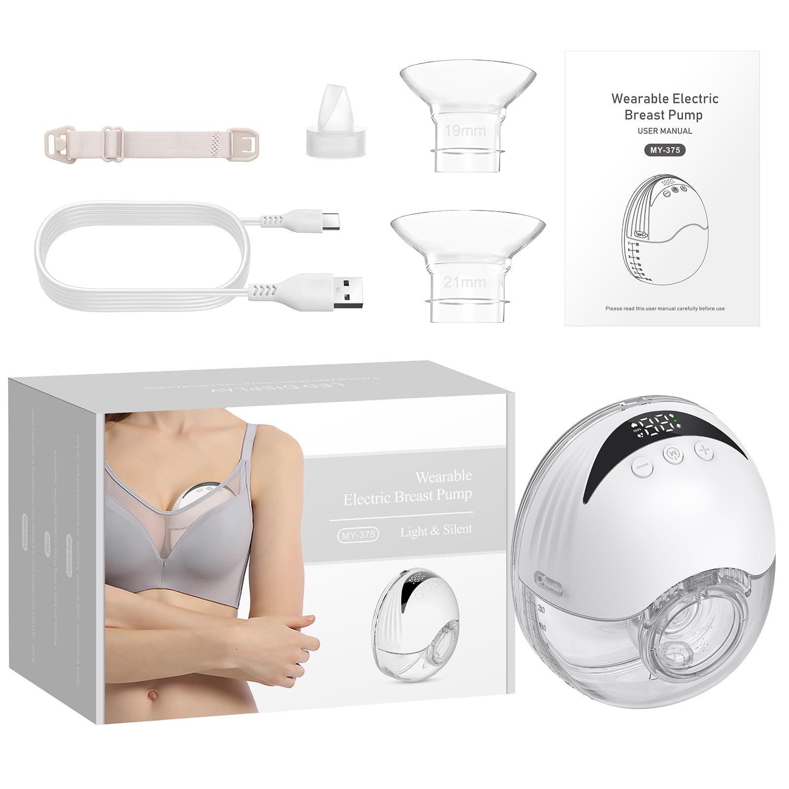 eSynic Tiralatte elettrico 210ML Tiralatte indossabile a mani libere 4 modalità e 12 livelli Pompa per l'allattamento al seno senza fili con flange da 24/21/19 mm Display a LED a prova di perdite