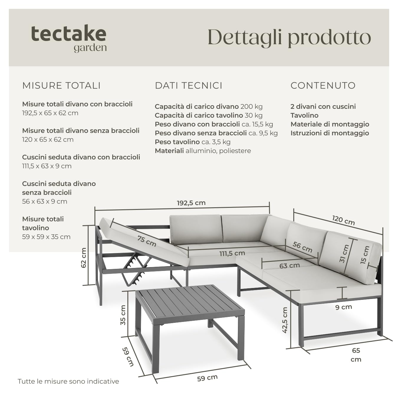 tectake® Set da Giardino, 2 Divani con Morbidi Cuscini, 1 Tavolino Salotto, Salotto da Giardino Esterno, Arredo Giardino per Esterno, Set Giardino Esterno Design Moderno - Grigio
