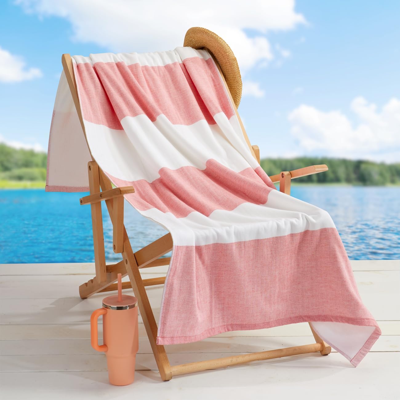 Loon & Lake Luxury Block Stripe Beach Towels | Oversized 36" x 72" | Crafted from 100% Combed Cotton | Plush and Absorbent Beach Towel or Pool Towels | Fouta & Terry | Balch Collection - Coral