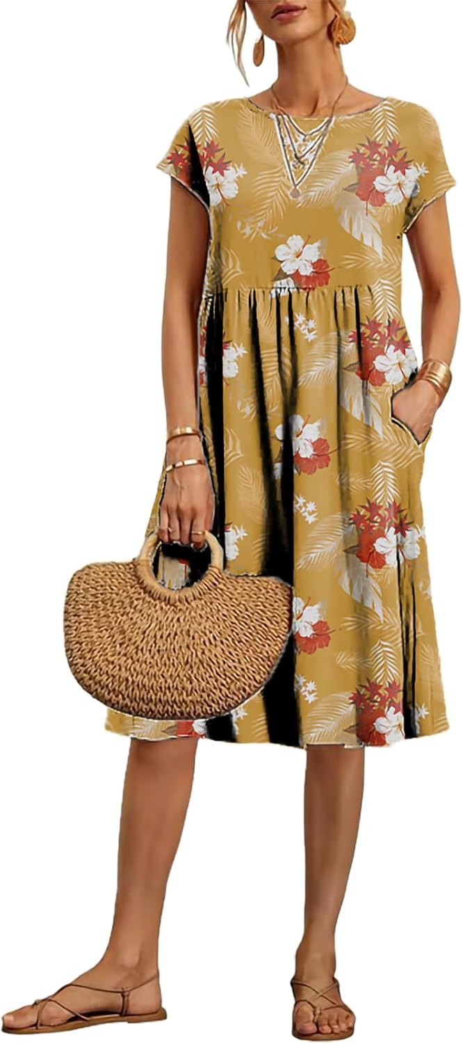 Cottagecore Boho Summer Dresses Comfy Floral Graphic Knee Length High Rise Cap Slee...