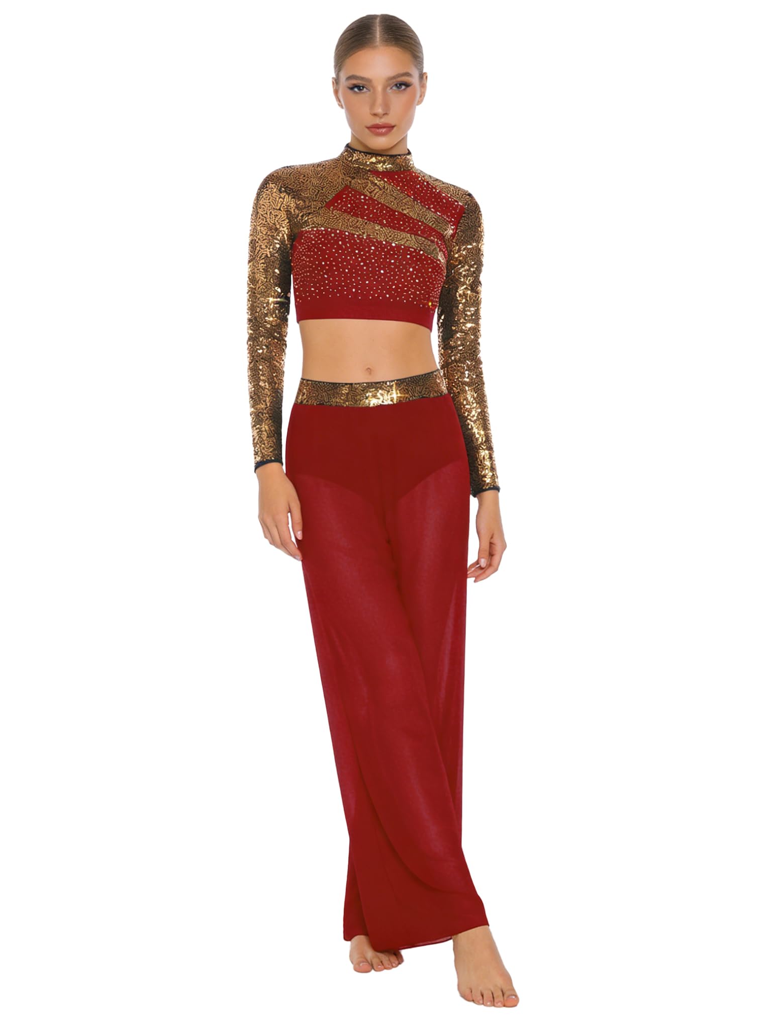 Conjunto de Traje de Baile Jazz para Mujer con Lentejuelas Crop Top de Manga Larga y Pantalones Traje de Gimnasia Rítmica Conjunto de Baile Lírico S-XXL borgoña XXL