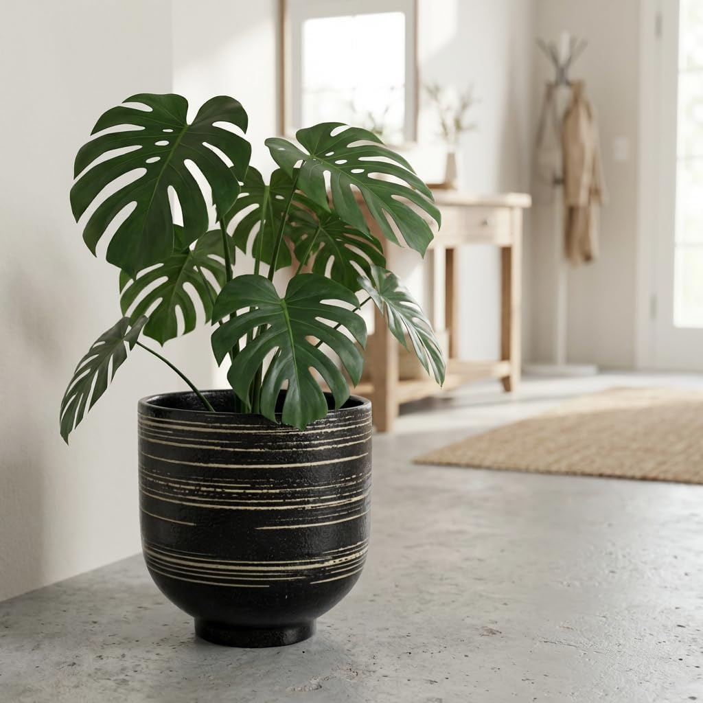 HERDUK Large Black Ceramic Planter for Indoor Trees, Modern Indoor Floor Planter Pot for Olive Trees & Faux Olive Trees, Pottery Planter with Drainage for Real Plants