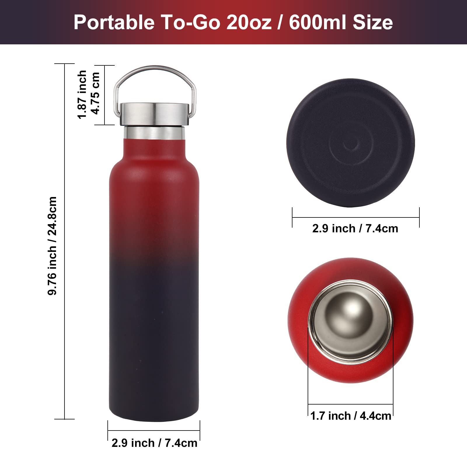 Neihepal Izolowane butelki na wodę 590 ml, 4 sztuki, butelka sportowa ze stali nierdzewnej z pokrywką uchwytu, metalowy termos wielokrotnego użytku do szkoły, rowerzystów, wędrowców, prezent (ciemna tęcza, zestaw 4 szt.)