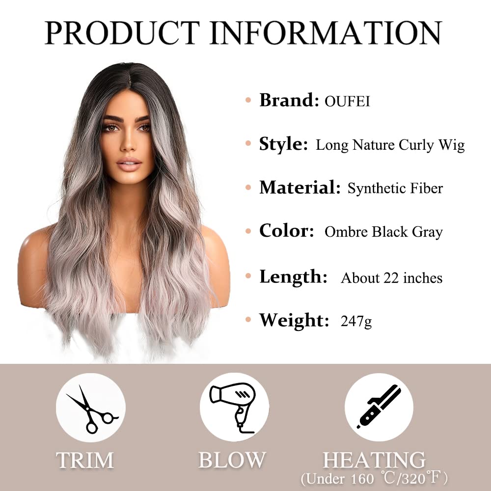 OUFEI Long Wavy Ombre Black Gray Wigs for Women Natural Synthetic Hair Heat Resistant Wigs for Daily Party Cosplay Wear-22 Inches - Image 4
