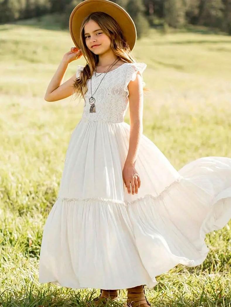 Boho Toddler Flower Girls Dresses for Wedding Lace Embroidery Bridesmaid Dresses Long Chiffon Party Dresses 4 Blush Pink